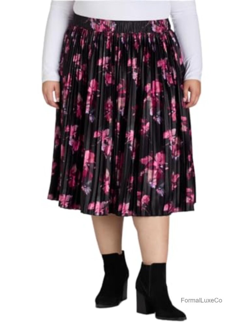 Plus Size Pleated Satin Midi Skirt Pull On Elastic Waist Office Wear